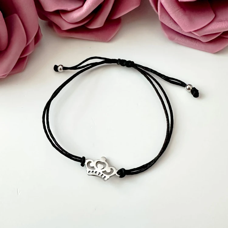 Bransoletka szczęścia na czarnym sznurku ze srebrną koroną