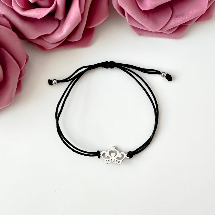 Bransoletka szczęścia na czarnym sznurku ze srebrną koroną