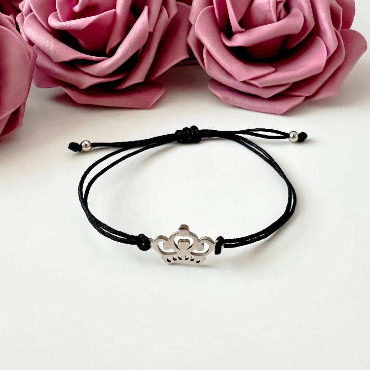 Bransoletka szczęścia na czarnym sznurku ze srebrną koroną