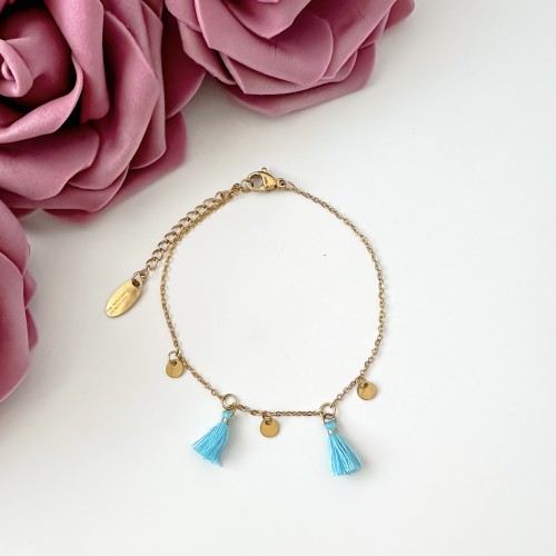 Pozłacana bransoletka z wiszącymi pastylkami i turkusowymi frędzlami ze stali chirurgicznej