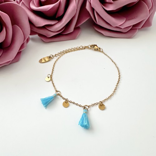 Pozłacana bransoletka z wiszącymi pastylkami i turkusowymi frędzlami ze stali chirurgicznej