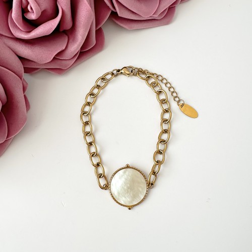 Pozłacana bransoletka na grubym łańcuchu z masą perłową ze stali chirurgicznej