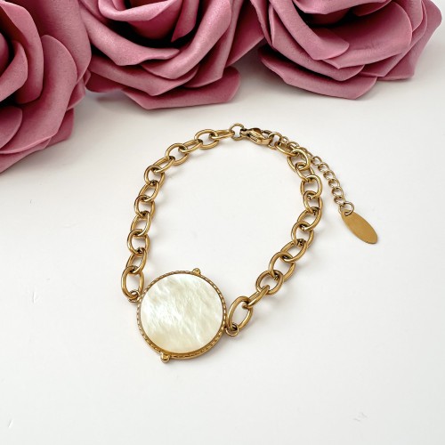 Pozłacana bransoletka na grubym łańcuchu z masą perłową ze stali chirurgicznej