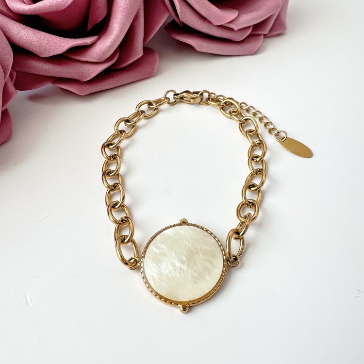 Pozłacana bransoletka na grubym łańcuchu z masą perłową ze stali chirurgicznej