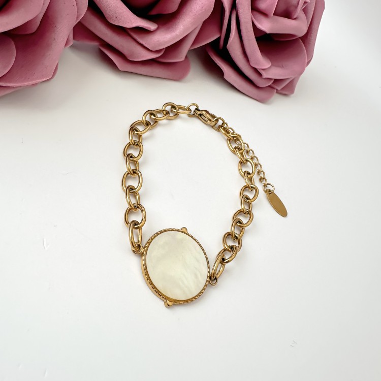 Pozłacana bransoletka na grubym łańcuchu z masą perłową ze stali chirurgicznej