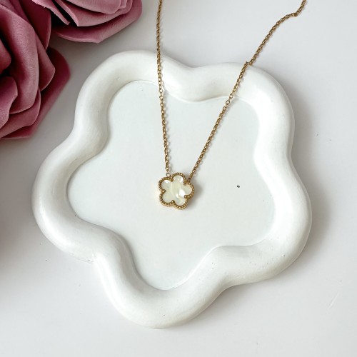 Złoty naszyjnik z przywieszką zawieszką kwiat z masy perłowej stal chirurgiczna