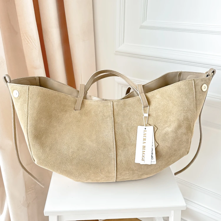 Duża torba Beige shopperka beżowa skórzana zamszowa Laura Biaggi