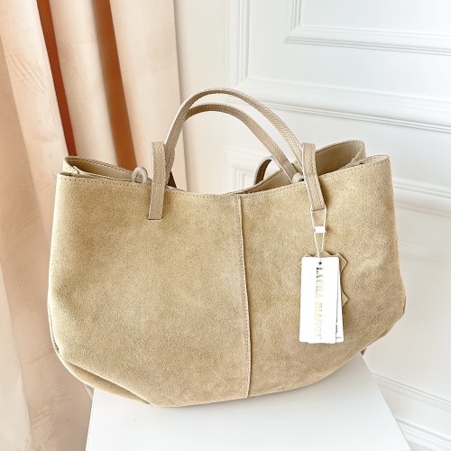 Duża torba Beige shopperka beżowa skórzana zamszowa Laura Biaggi