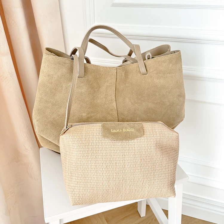 Duża torba Beige shopperka beżowa skórzana zamszowa Laura Biaggi