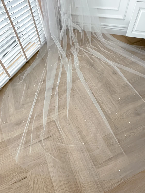 Długi welon Paris z perłami katedralny ivory długość 300 cm 3 m
